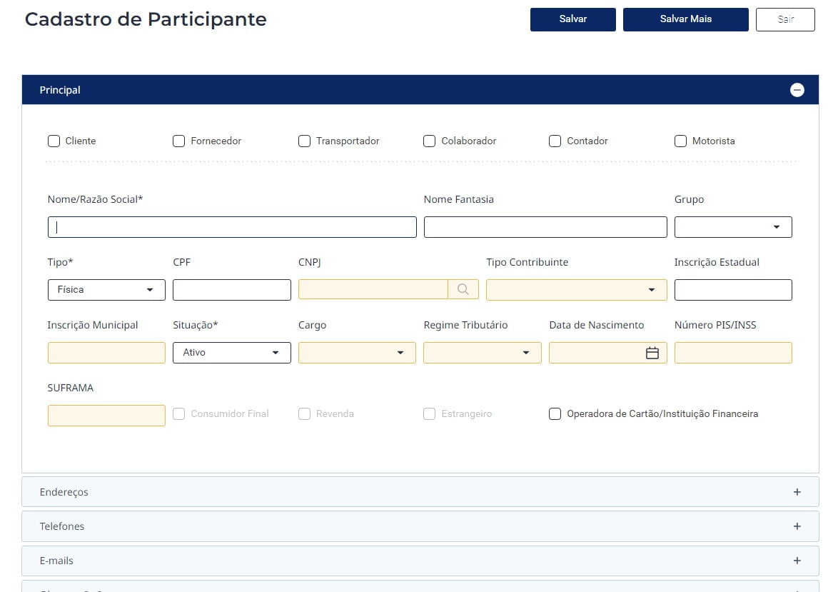 Cadastro de participantes